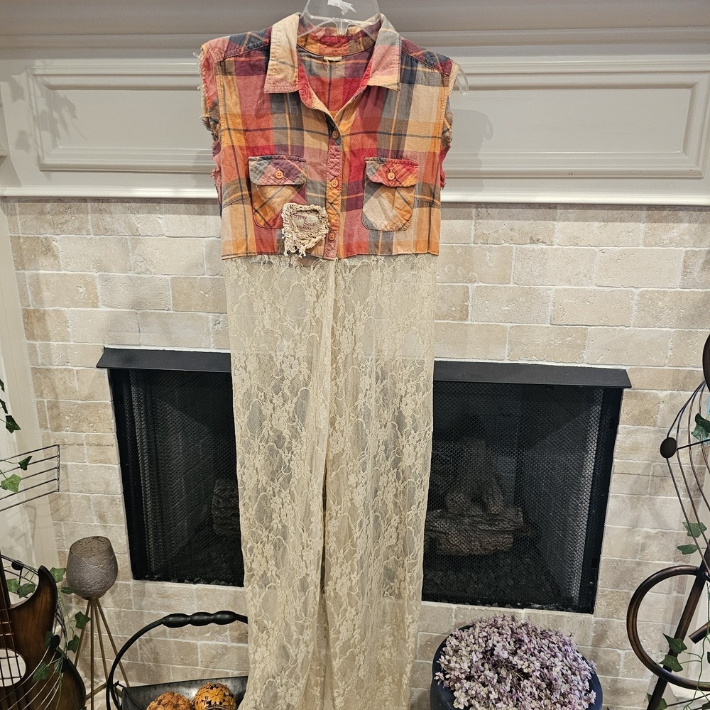 Hand Made Gypsy Boho Style Plaid Red And Lace Indie Sleeveless Long Top Small
